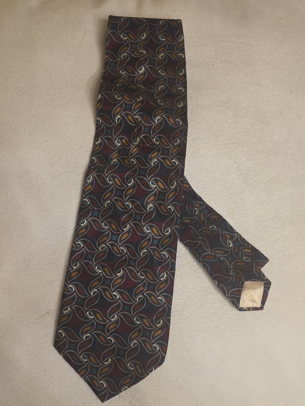 Jacques Estier Italian Silk Burgundy Geometric Pattern Silk Tie 58 Inches Long